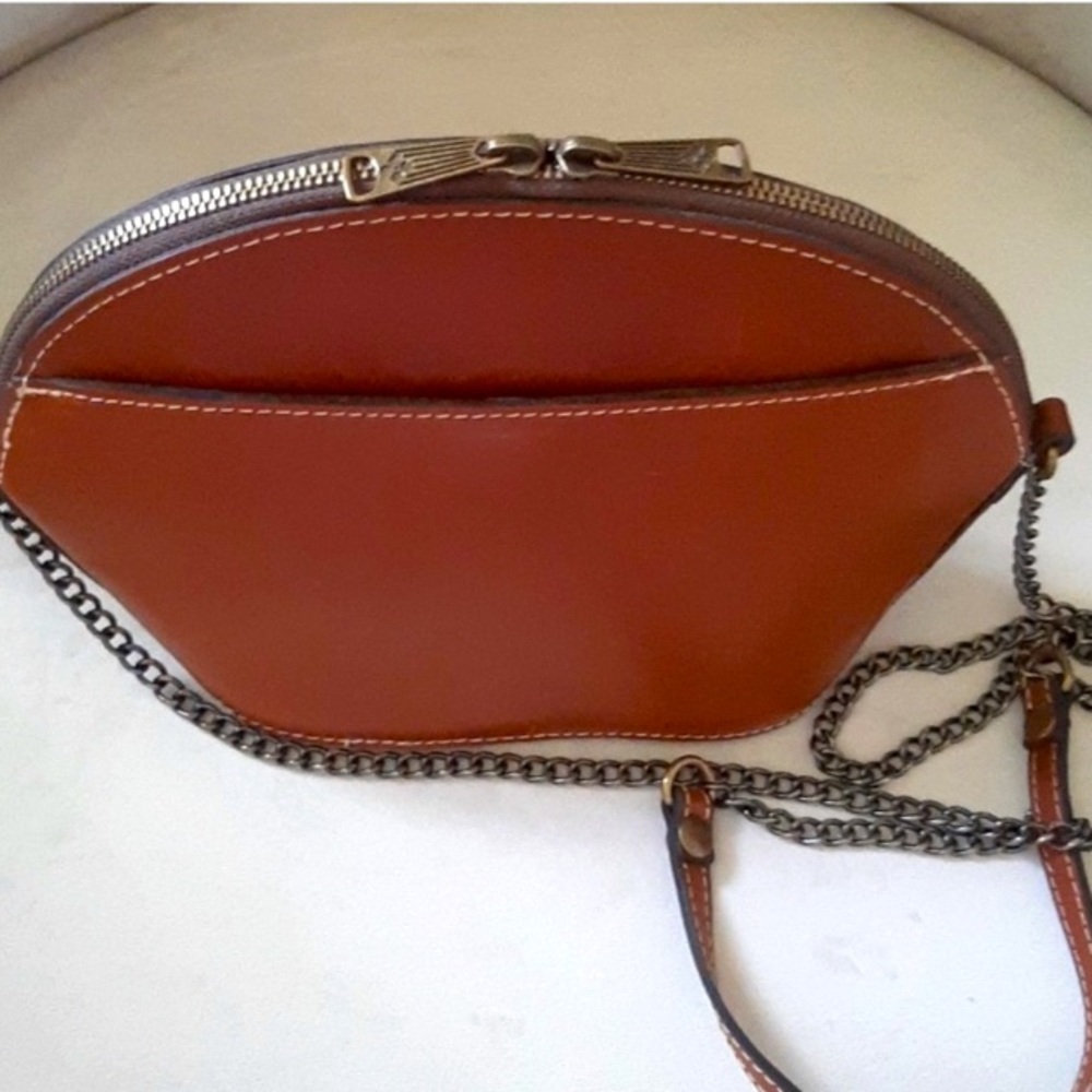 PATRICIA NASH Bag Leather Crossbody Handbag Brown Cognac Zipper Long Chain Strap